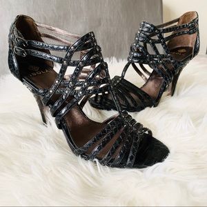 Isola snakeskin black studded strappy heels 81/2